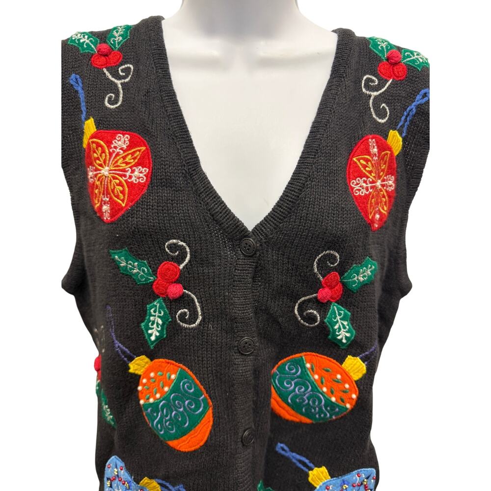 VTG Bobbie Brooks Womens Medium Christmas Vest Ugly Sweater Ornaments Holly